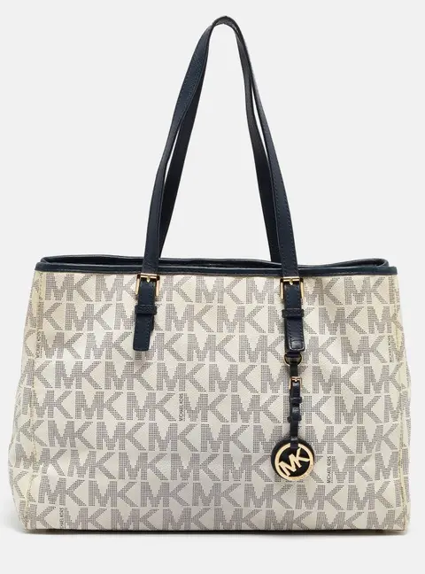 Michael Kors Navy Blue/White Signature Coated Canvas and Leather Jet Set Tote