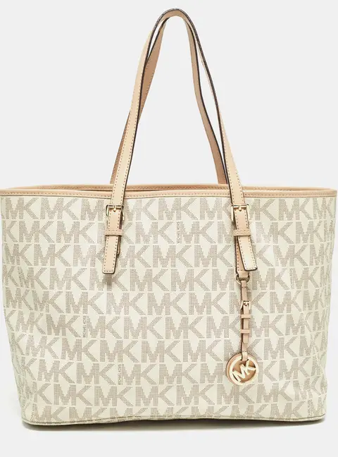 Michael Kors Jet Set Travel Small Beige Coated Canvas and Leather Tote Bag