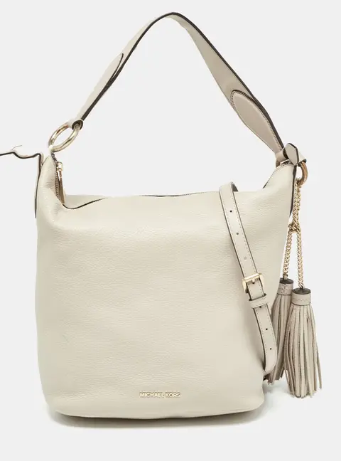 Michael Kors Light Grey Leather Elana Tassel Bucket Bag