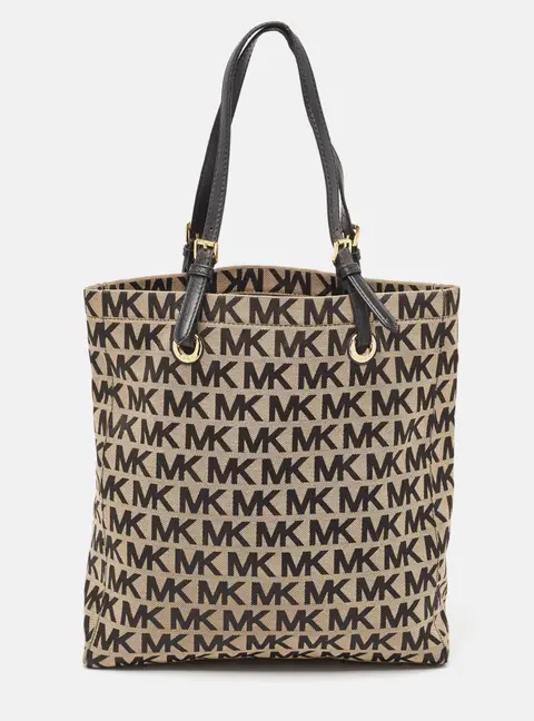 Michael Kors Black/Beige Signature Canvas and Leather Jet Set Tote