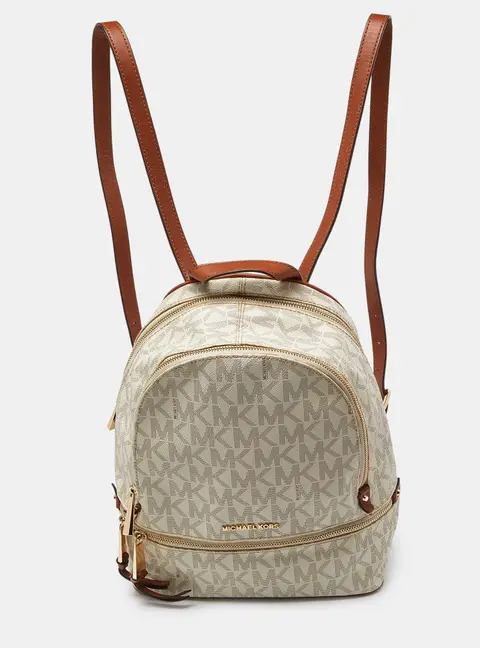 Michael Kors White/Tan Signature Coated Canvas and Leather Medium Rhea Backpack