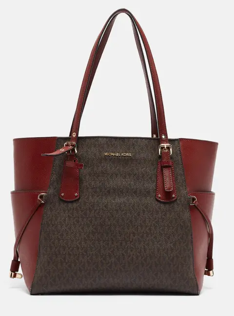 Michael Kors Red/Brown Signature Coated Canvas and Leather Voyager East West Tote