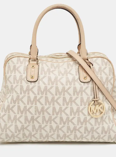 Michael Kors Beige/White Signature Coated Canvas and Leather Charm Satchel