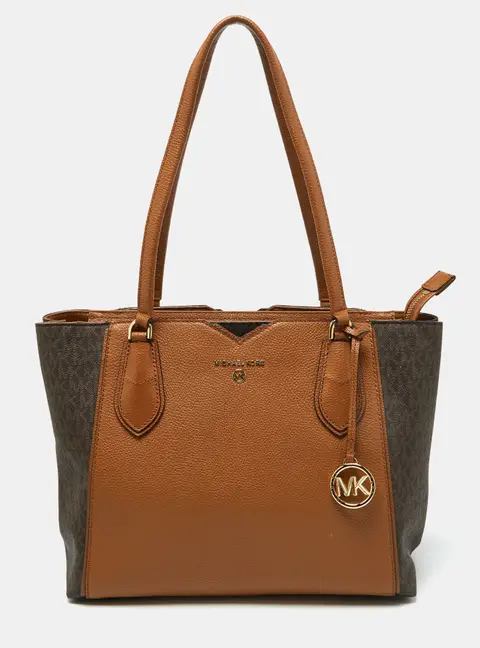 Michael Kors Brown/Tan Signature Coated Canvas and Leather Mae Tote