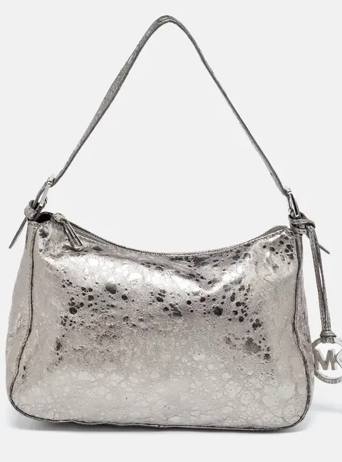 Michael Kors Metallic Grey Textured Patent and Leather Logo Charm Shoulder Bag