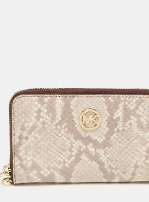 Michael Kors Beige/Brown Snakeskin Embossed Leather Jet Set Zip Around Wallet