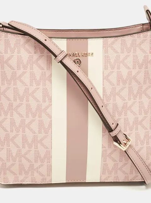 Michael Kors Pink Center Stripe Gloria Signature Coated Canvas and Leather Crossbody Bag