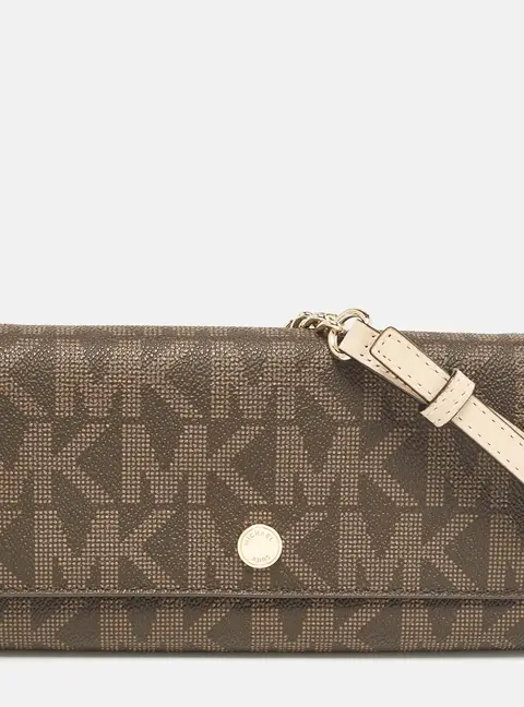 Michael Kors Dark Brown Signature Coated Canvas Jet Set Wallet On Chain