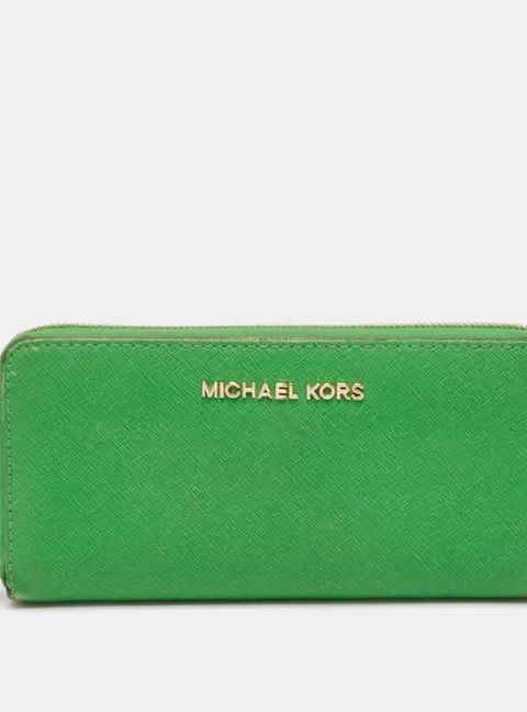 Michael Kors Green Leather Jet Set Zip Around Wallet