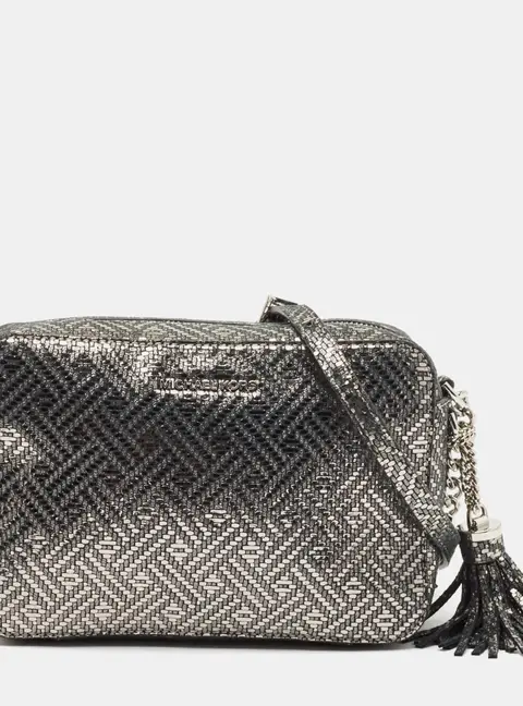 Michael Kors Metallic Grey Textured Suede Ginny Camera Crossbody Bag