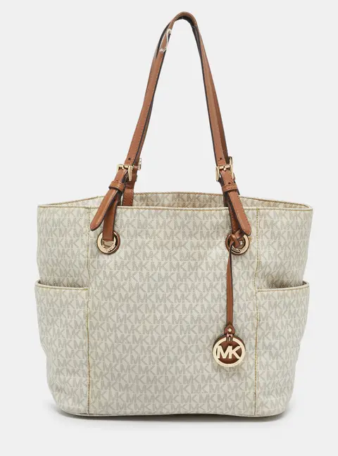 Michael Kors White/Brown Signature Coated Canvas Jet Set Tote