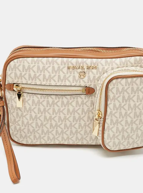 Michael Kors Beige/Brown Signatur Canvas Jet Set Travel Wristlet Pouch