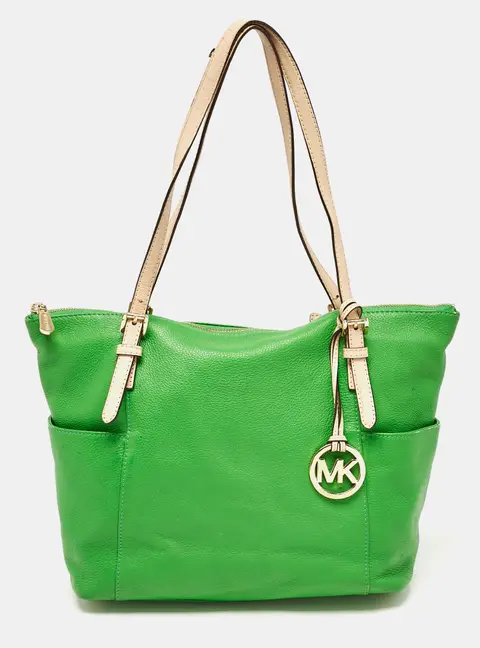 Michael Kors Green/Beige Leather Jet Set Top Zip Tote