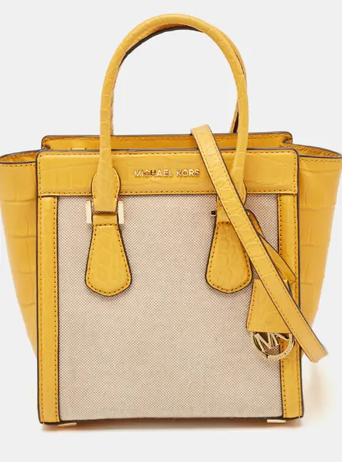 Michael Kors Colette Yellow Canvas and Croc Embossed Leather Tote Bag