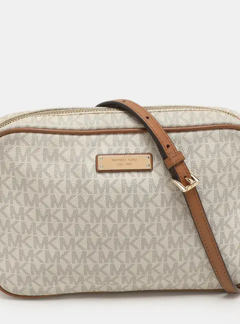 Michael Kors White Signature Coated Canvas Jet Set Travel Camera Crossbody Bag