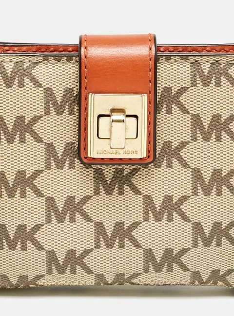 Michael Kors Beige/Orange Signature Coated Canvas Natalie Heritage Compact Wallet