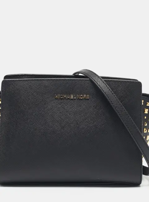 Michael Kors Black Leather Small Studded Selma Crossbody Bag