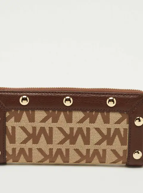 Michael Kors Beige/Dark Brown Signature Canvas and Leather Zip Around Wallet