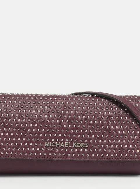 Michael Kors Plum Leather Studded Flap Wallet On Chain