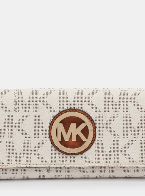 Michael Kors White/Brown Signature Coated Canvas and Leather Fulton Continental Wallet