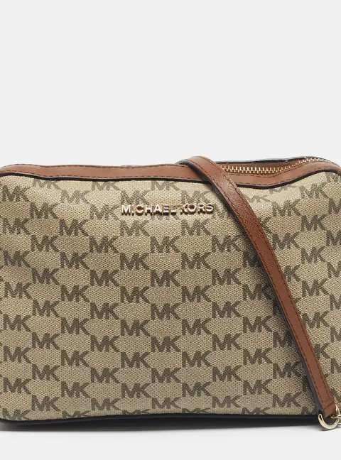 Michael Kors Brown/Beige Signature Coated Canvas and Leather Jet Set Camera Crossbody Bag