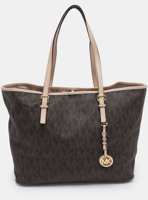 Michael Kors Jet Set Brown Coated Canvas and Leather Tote Bag