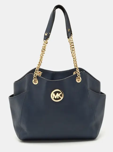 Michael Kors Navy Blue Leather Jet Set Travel Chain Tote