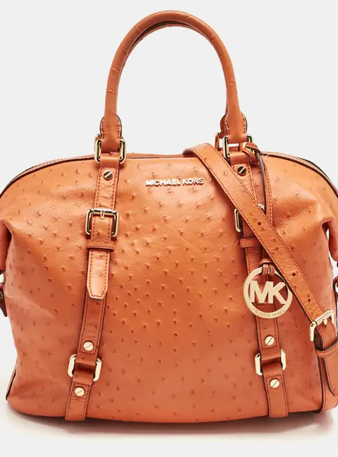 Michael Kors Orange Ostrich Embossed Leather Bedford Belted Satchel