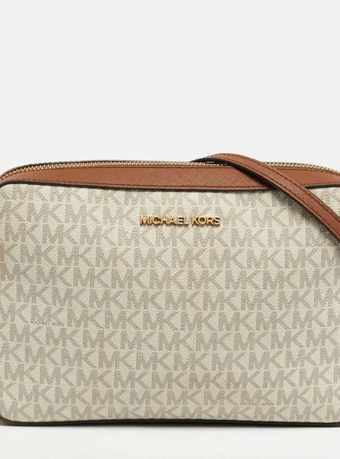 Michael Kors Jet Set Camera Brown/Off White Signature Coated Canvas and Leather Crossbody Bag