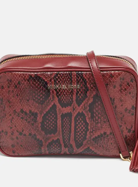 Michael Kors Red  Python Embossed and Leather Jet Set Tassel Camera Bag