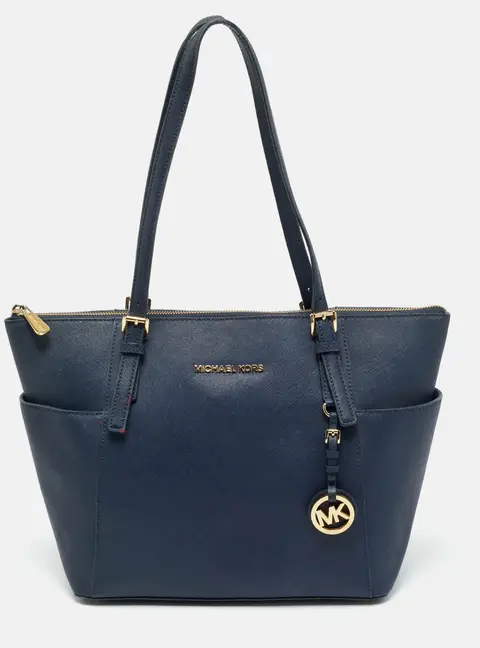 Michael Kors Navy Blue Leather Jet Set E/W Top Zip Tote