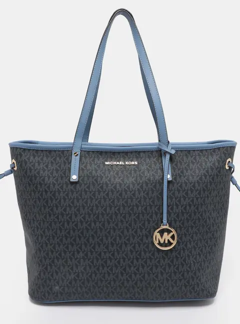 Michael Kors Blue Signature Coated Canvas and Leather Jet Set Travel Tote