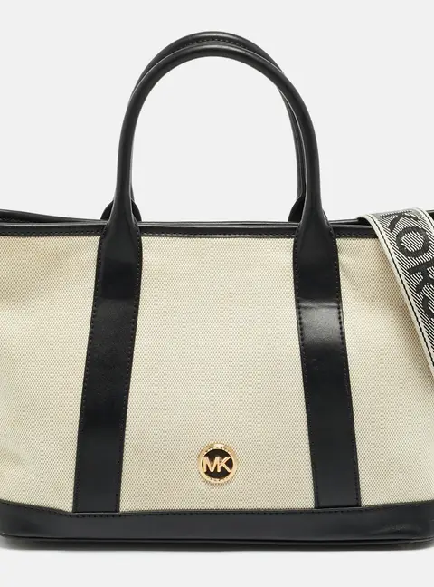 Michael Kors Luisa Medium Black/Natural Canvas and Faux Leather Tote