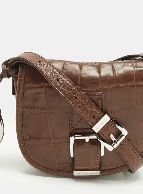 Michael Kors Saddle Dark Brown Croc Embossed Leather Crossbody Bag