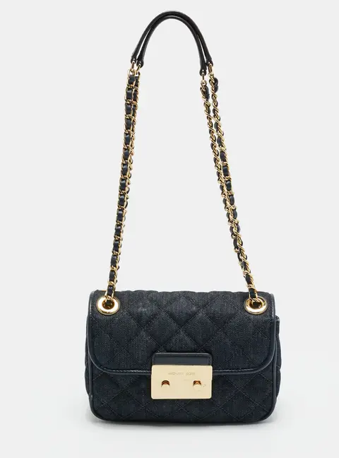 Michael Kors Sloan Small Navy Blue Quilted Denim Shoulder Bag