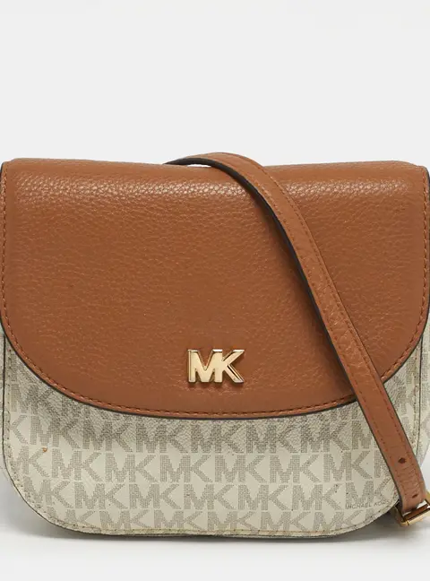 Michael Kors Mott Brown/White Signature Coated Canvas and Leather Crossbody Bag