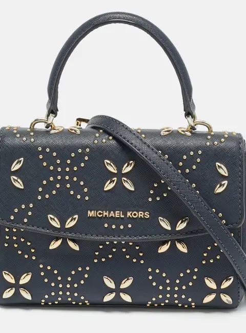 Michael Kors Studded Ava Extra Small Navy Blue Leather Top Handle Bag
