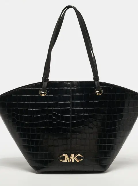 Michael Kors Izzy Black Croc Embossed Leather Tote