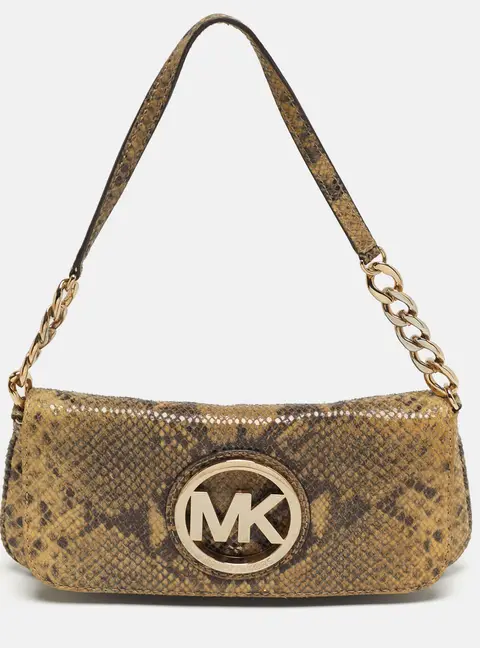 Michael Kors Logo Flap Light Green Python Embossed Leather Chain Clutch