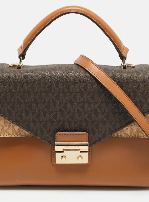 Michael Kors Sloan Flap Brown Signature Coated Canvas and Leather Top Handle Bag