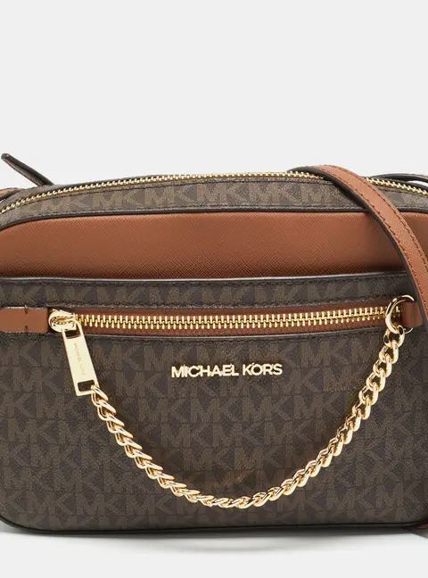 Michael Kors Jet Set Brown Signature Coated Canvas and Leather Crossbody Bag