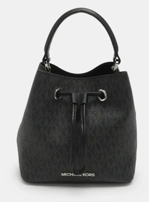 Michael Kors Suri Black Signature Coated Canvas and Leather Drawstring Bucket bag