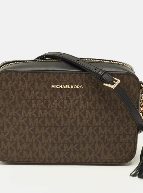 Michael Kors Jet Set Camera Tassel Brown/Black Signature Coated Canvas Crossbody Bag