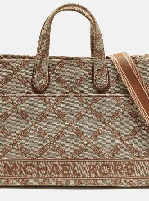 Michael Kors GIgi Large Beige/Brown Logo Jacquard Canvas Tote