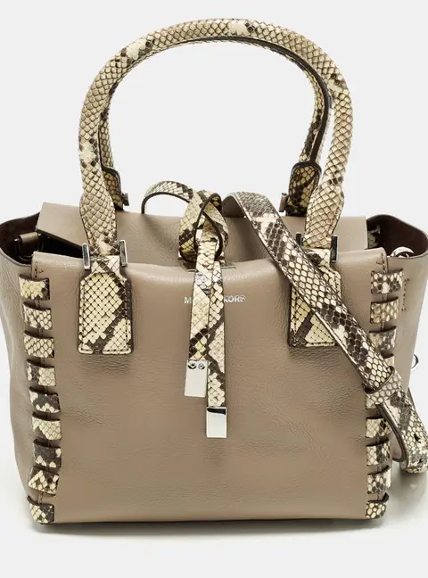 Michael Kors Miranda Mini Beige/Cream Leather and Python Trim Tote