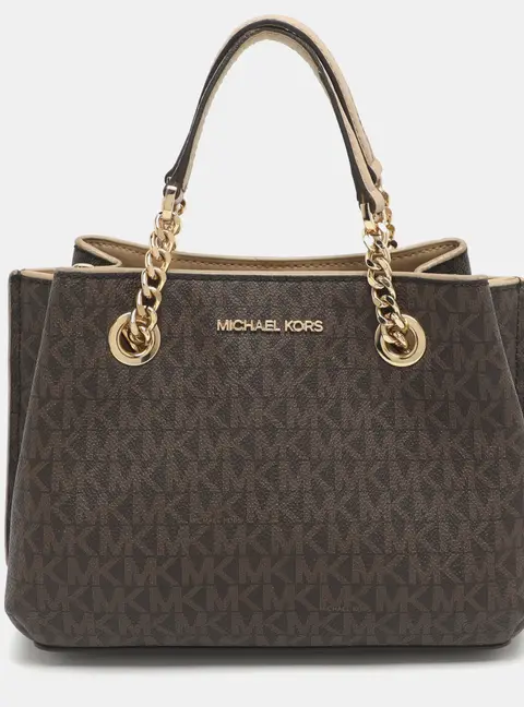 Michael Kors Teagen Small Brown Signature Coated Canvas Satchel