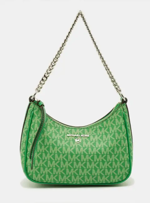 Michael Kors Jet Set Green Signature Coated Canvas Chain Pochette