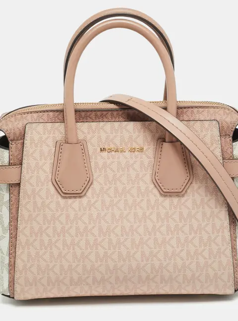 Michael Kors Belted Mercer Small Pink/White Signature Coated Canvas and Leather Satchel