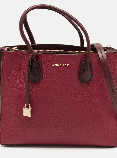 Michael Kors Mercer Burgundy Leather and Snakeskin Embossed Leather Tote