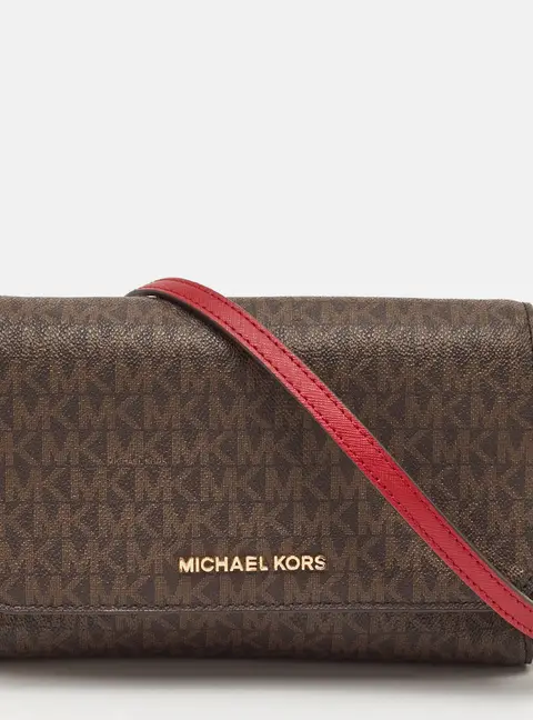 Michael Kors Jet Set Brown/Red Signature Coated Canvas and Leather Crossbody Bag